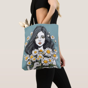  dame met daisy boeket tote bag