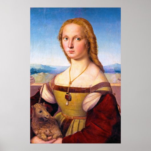 Dame met de Unicorn Raphael Santi-portret verf Poster (Voorkant)