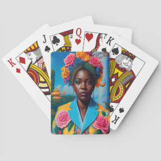 Dame met een bloemend jasje pokerkaarten