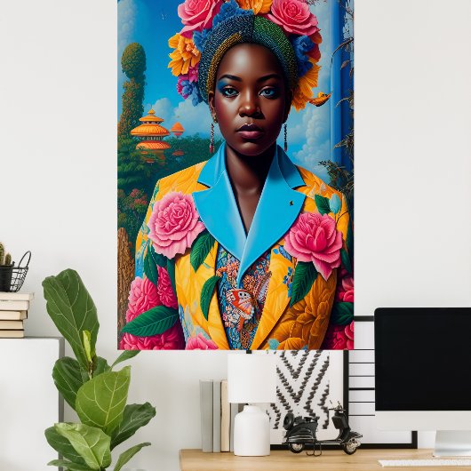 Dame met een bloemenjasje poster (Thuiskantoor)