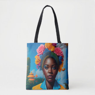 Dame met een bloemensakkoordjasje tote bag