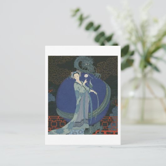 Dame met een draak (kleurenlitho) briefkaart (Staand voorkant)