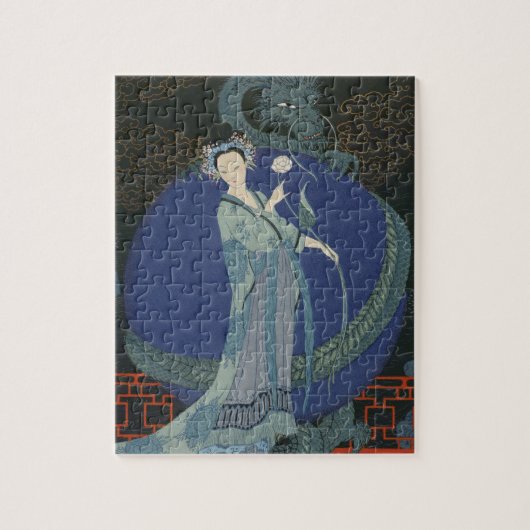 Dame met een draak (kleurenlitho) legpuzzel (Verticaal)