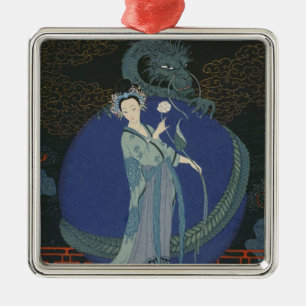 Dame met een draak (kleurenlitho) metalen ornament