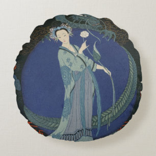 Dame met een draak (kleurenlitho) rond kussen