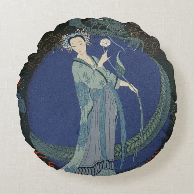 Dame met een draak (kleurenlitho) rond kussen (Voorkant)