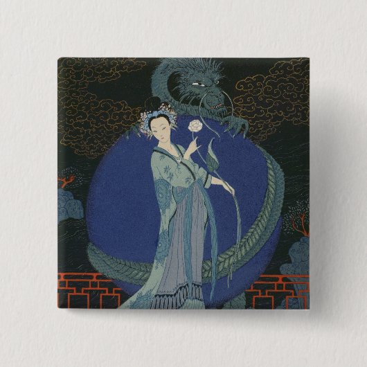 Dame met een draak (kleurenlitho) vierkante button 5,1 cm (Voorkant)