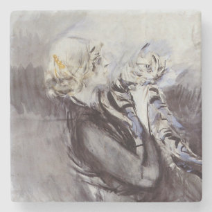 Dame met een Grijze Kat (door Giovanni Boldini) Stenen Onderzetter