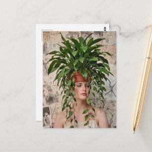 Dame met een kamerplant op haar hoofd briefkaart