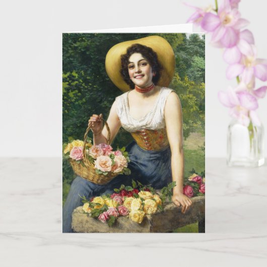 dame met een mandje Rozen Kaart (Orchidee)
