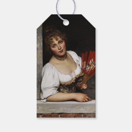 Dame met een rode waaier (van Eugene de Blaas) Cadeaulabel (Voorkant)