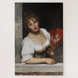 Dame met een rode waaier (van Eugene de Blaas) Legpuzzel