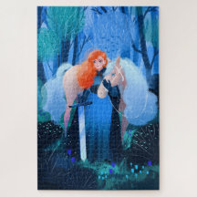 Dame met een zwaard en een witte paard