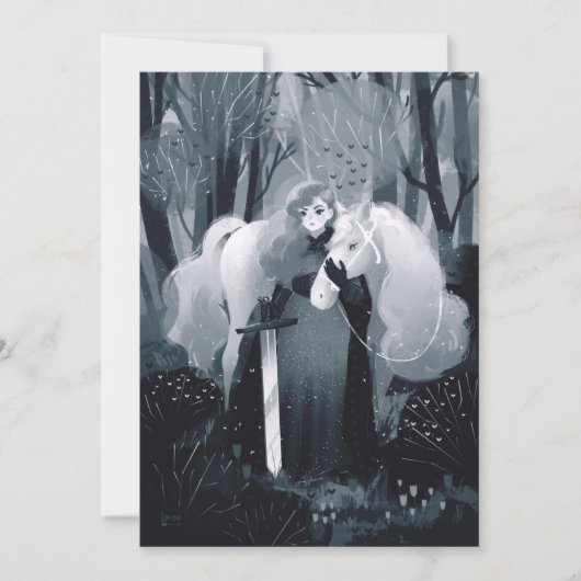 Dame met een zwaard en een witte paard zwart-wit kaart (Voorkant)