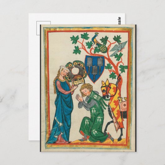 Dame met Knight, 14th Century Medieval Manuscript Briefkaart (Voorkant / Achterkant)