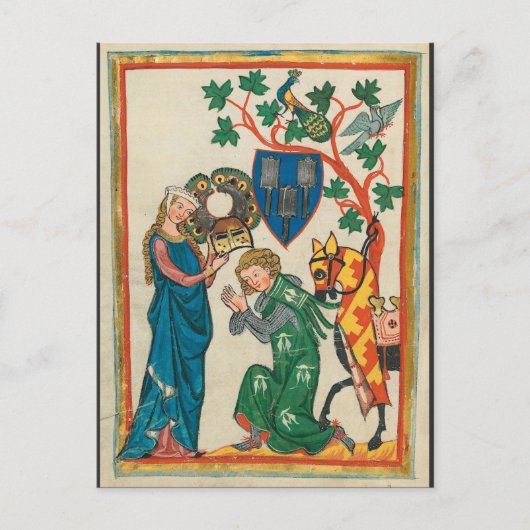 Dame met Knight, 14th Century Medieval Manuscript Briefkaart (Voorkant)
