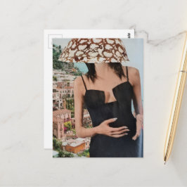 Dame met kom op haar hoofd surreële collage briefkaart