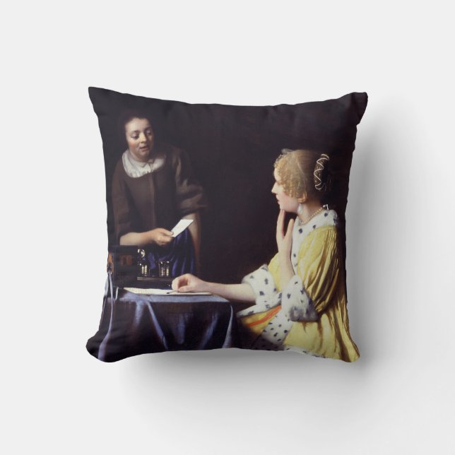 Dame met Maidservant Holding Letter Vermeer Kussen (Voorkant)