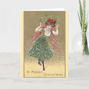 Dame met Mistletoe Jurk Vintage Kerstmis Feestdagen Kaart