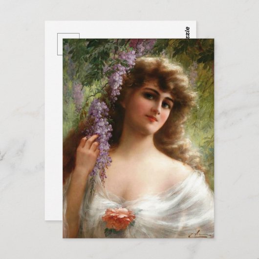  dame met paarse bloemen en Roos Briefkaart (Voorkant / Achterkant)