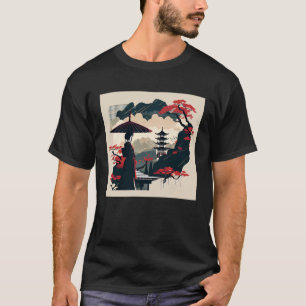 Dame met paraplu rode bonsai boom Japanse pagode T-shirt