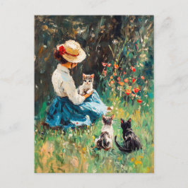 Dame met Pet Spelen met Kittens in gras Briefkaart