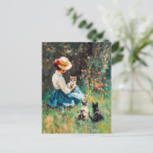 Dame met Pet Spelen met Kittens in gras Briefkaart (Staand voorkant)