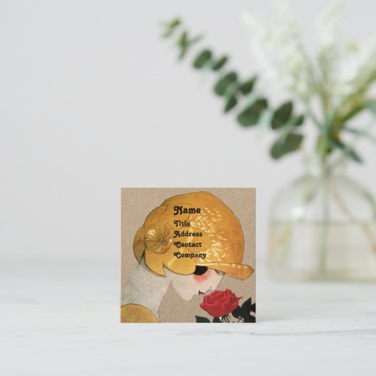 DAME MET RODE ROOS BEAUTY MODE KOSTUUM Kraft Vierkante Visitekaartje (Staand voorkant)