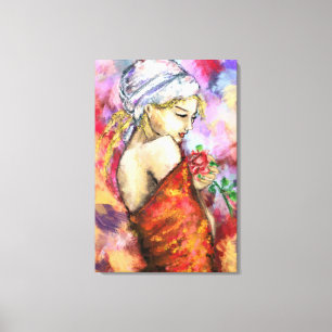 Dame met Roos - Abstracte vrouwelijke originele sc Canvas Afdruk