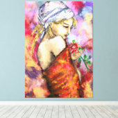 Dame met Roos - Abstracte vrouwelijke originele sc Canvas Afdruk (Insitu (Houten vloer))