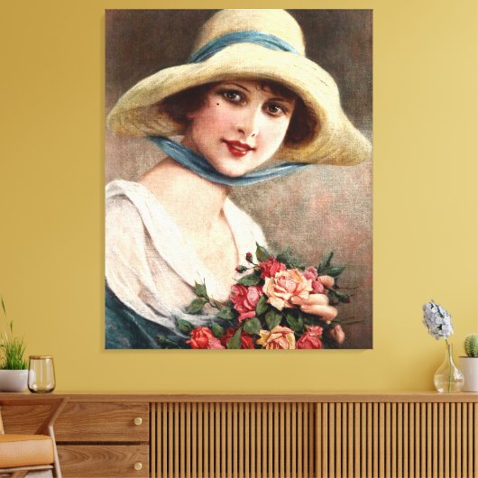  dame met Roos Canvas Afdruk (Insitu (Woonkamer))