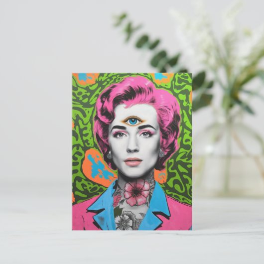 Dame met roze haar en een derde oog briefkaart (Staand voorkant)