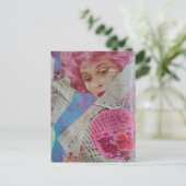 Dame Met Roze Haar Mixed Media Collage Briefkaart (Staand voorkant)