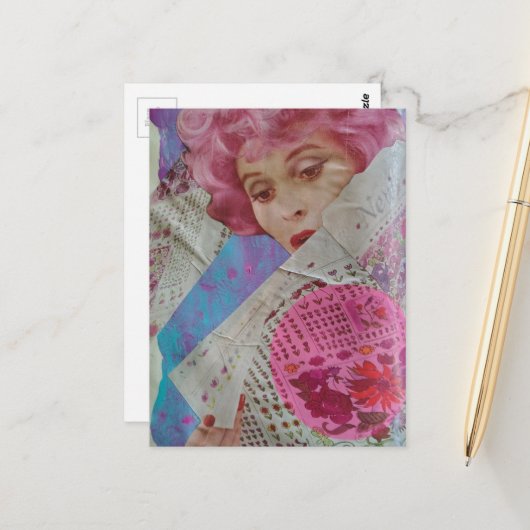 Dame Met Roze Haar Mixed Media Collage Briefkaart (Voorkant / Achterkant in situ)