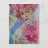 Dame Met Roze Haar Mixed Media Collage Briefkaart (Voorkant)