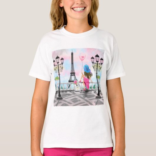 dame met roze hartballon - Ik hou van Parijs T-shirt (Voorkant)