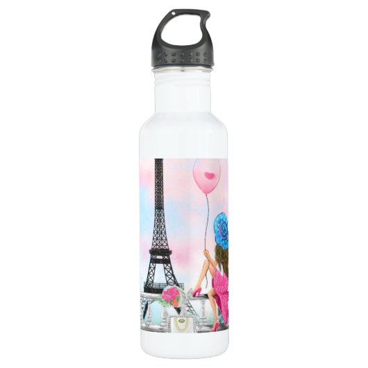 dame met roze hartballon - Ik hou van Parijs Waterfles (Voorkant)
