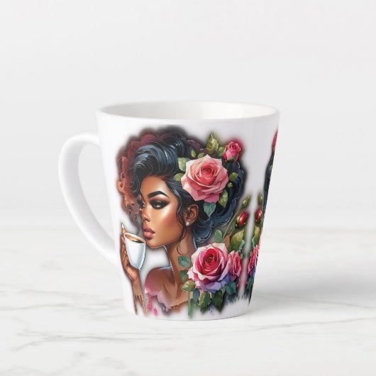 Dame met roze rozen Drink Latte Mok (Linkerhoek)