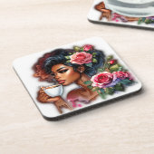 Dame met roze rozen genieten van koffie bier onderzetter (Linkerzijde)