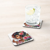 Dame met roze rozen genieten van koffie bier onderzetter (Rechterzijde)