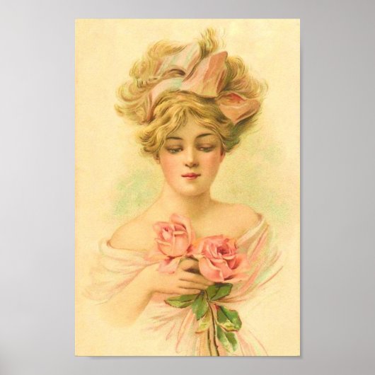 dame met roze rozen herstelde kunst poster (Voorkant)