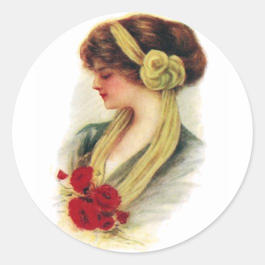 Dame met Rozen Ronde Sticker (Voorkant)