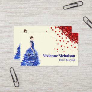 Dame met Sparkly Blue Ballgown Red Heart Confetti Visitekaartje