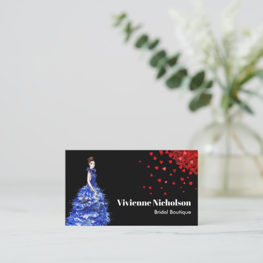 Dame met Sparkly Blue Ballgown Red Heart Confetti Visitekaartje (Staand voorkant)