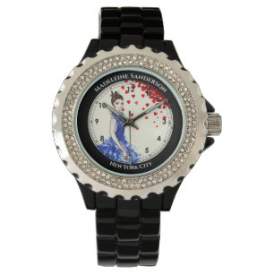 Dame met Sparkly Blue Gown Mode Rode harten Horloge