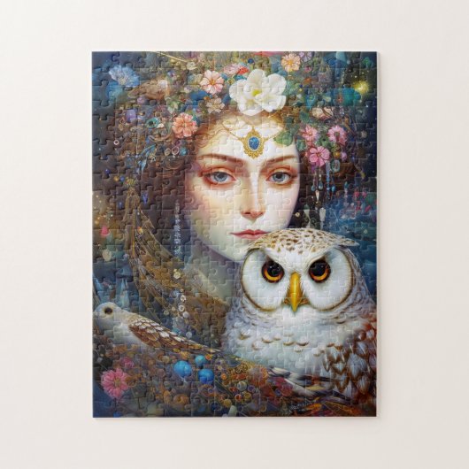 Dame met Uil Surreal Fantasy Kunst Legpuzzel (Verticaal)