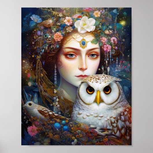 Dame met Uil Surreal Fantasy Kunst Poster (Voorkant)