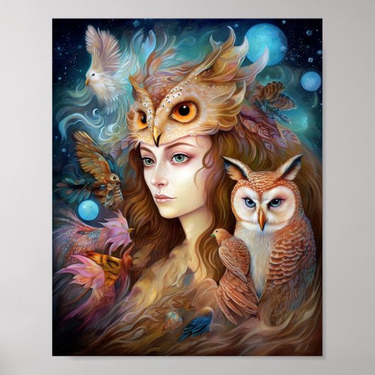 Dame met Uil Surreal Fantasy Kunst Poster (Voorkant)