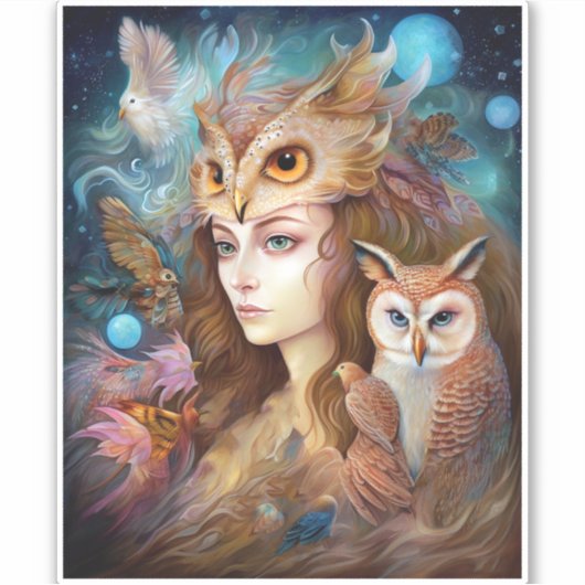 Dame met Uil Surreal Fantasy Kunst Sticker (Voorkant)
