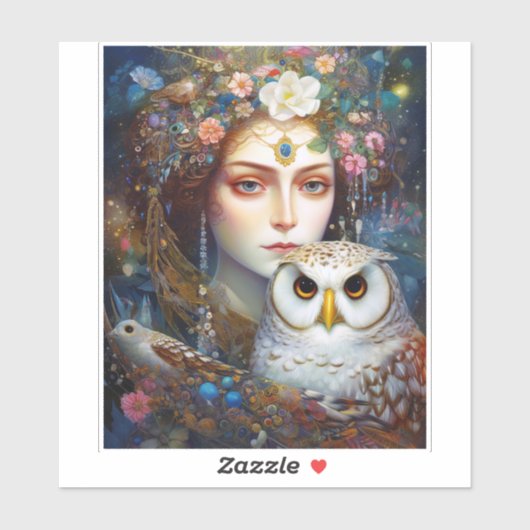 Dame met Uil Surreal Fantasy Kunst Sticker (Vel)